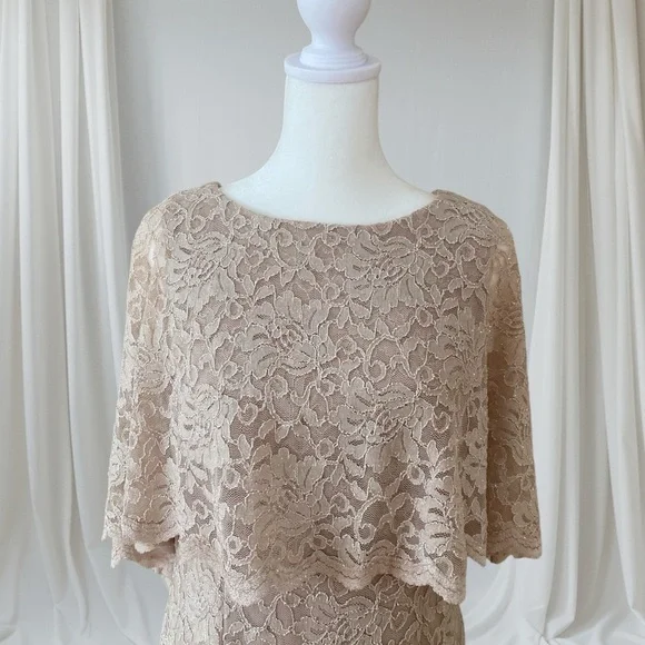 Jessica Howard Scalloped Shimmer Stretch Lace Capelet Dress Champagne 10P